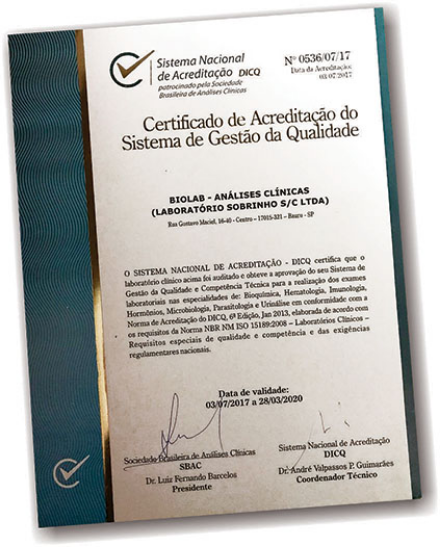 Certificado de Acreditação do Sistema de Gestão de Qualidade